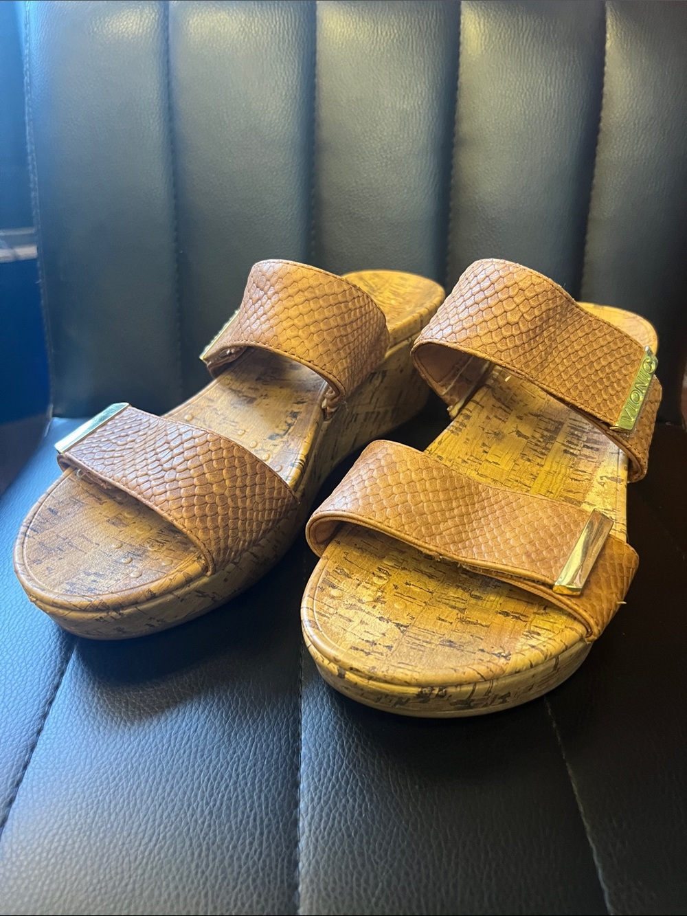 Vionic Tan Cork Double-Strap Wedge Slides